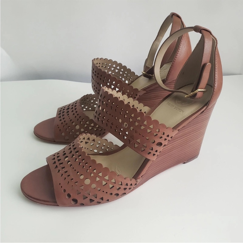 Tory Burch Brown Perforated Wedge Sandals Size 8 Ladies Heels